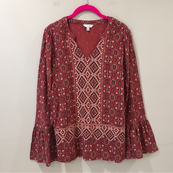 Lucky Brand Blouse top v neck bell sleeve Peasant Boho red size s new - Picture 4 of 5